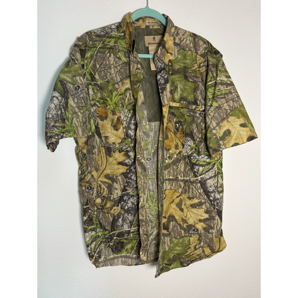 Browning‎ Mens Mossy Oak Obsession Camo Short Sleeve Hunting Shirt Large L Nylon